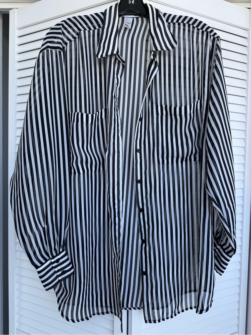 Chiffon Black and White Vertical Stripe Button-Up Shirt